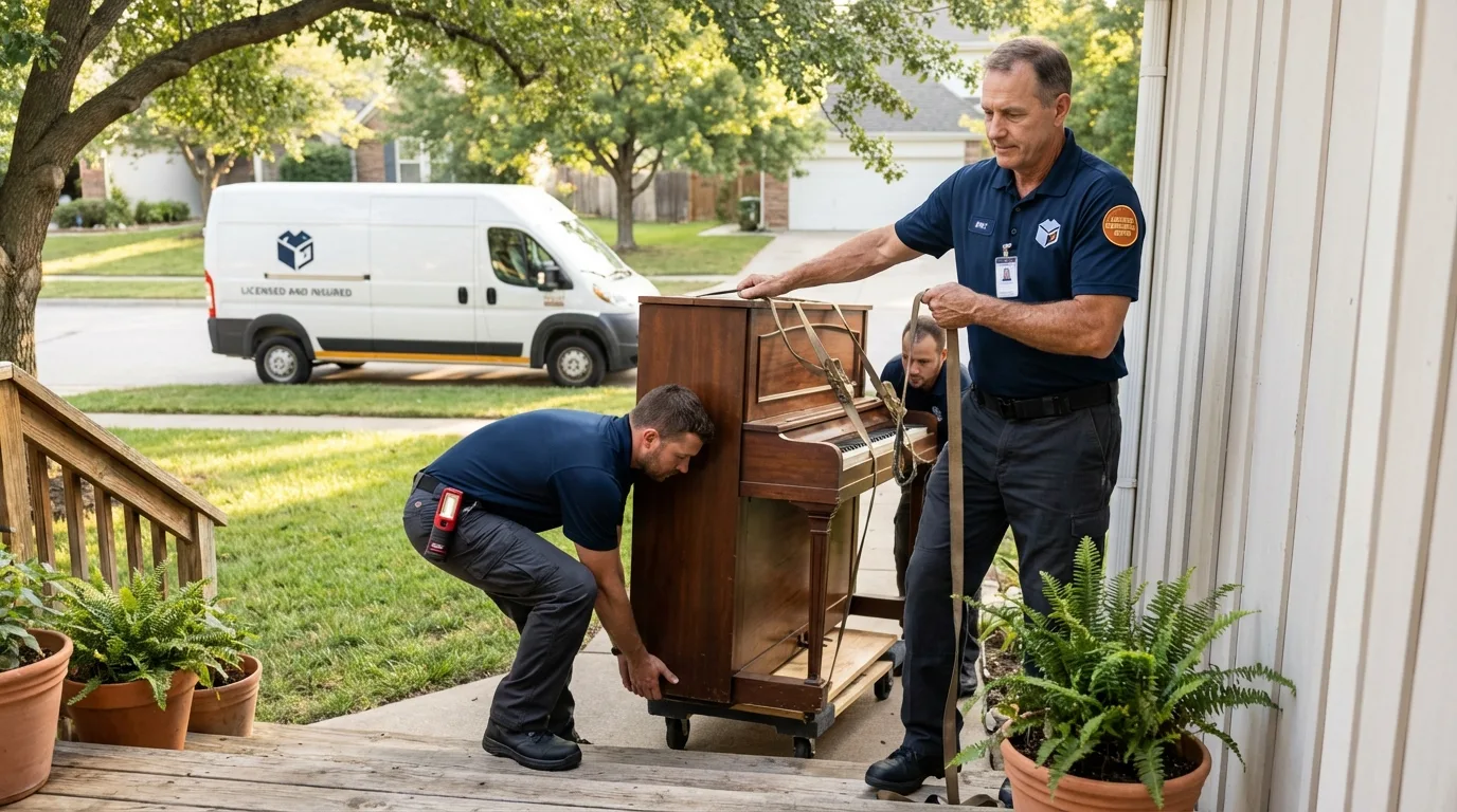 Licensed piano movers securing grand piano in Ferron, UT