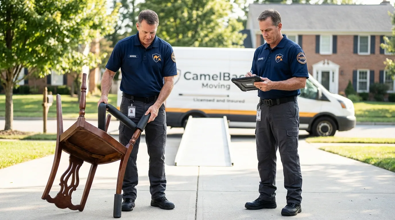 Movers inspecting furniture for damage prevention before loading in Ferron, UT